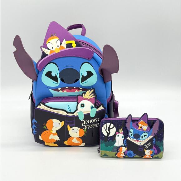 Loungefly Disney Stitch Spooky Stories Halloween Glow Backpack & Wallet Set New - Picture 1 of 16